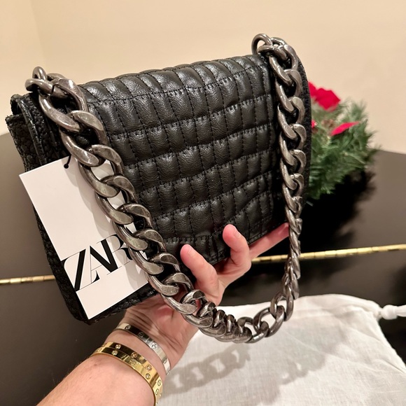 NWT RARE Zara Black Croc Embossed Faux Leather Shoulder Bag - Picture 7 of 17